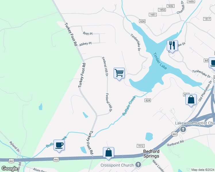 map of restaurants, bars, coffee shops, grocery stores, and more near 354 Federal Hill Drive in Forest