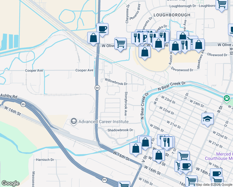 map of restaurants, bars, coffee shops, grocery stores, and more near 1754 Willowbrook Drive in Merced