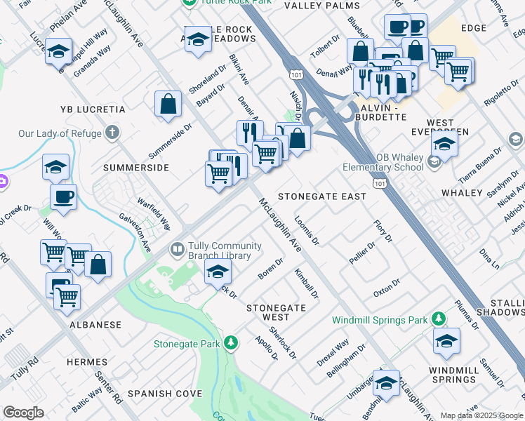 map of restaurants, bars, coffee shops, grocery stores, and more near 2433 McLaughlin Avenue in San Jose