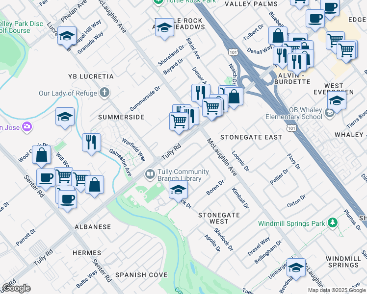 map of restaurants, bars, coffee shops, grocery stores, and more near 1101 Saddlewood Drive in San Jose