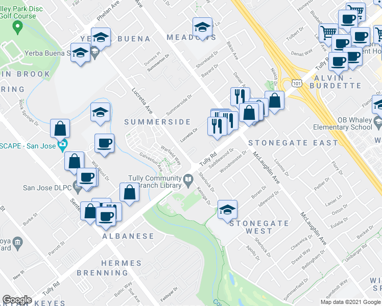 map of restaurants, bars, coffee shops, grocery stores, and more near 2390 Lucretia Avenue in San Jose