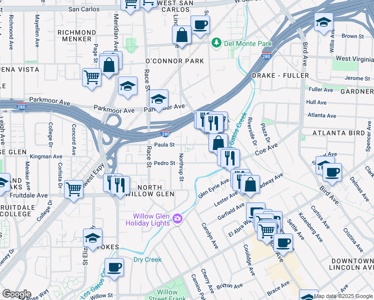 map of restaurants, bars, coffee shops, grocery stores, and more near 803 Northrup Street in San Jose
