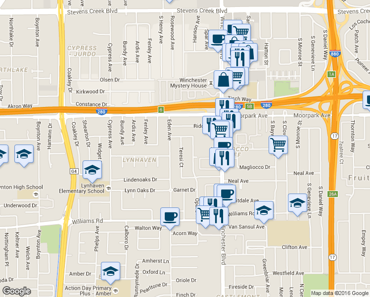 map of restaurants, bars, coffee shops, grocery stores, and more near 737 Opal Drive in San Jose