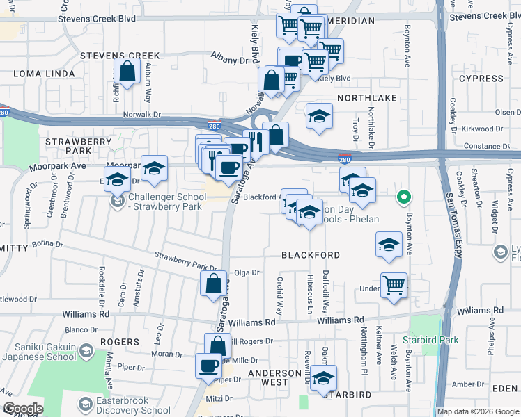map of restaurants, bars, coffee shops, grocery stores, and more near 780 Saratoga Avenue in San Jose