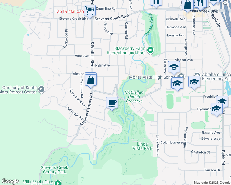 map of restaurants, bars, coffee shops, grocery stores, and more near 22342 McClellan Road in Cupertino