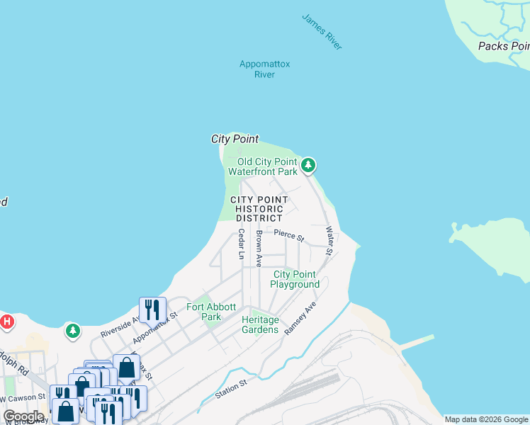 map of restaurants, bars, coffee shops, grocery stores, and more near 601 Brown Avenue in Hopewell