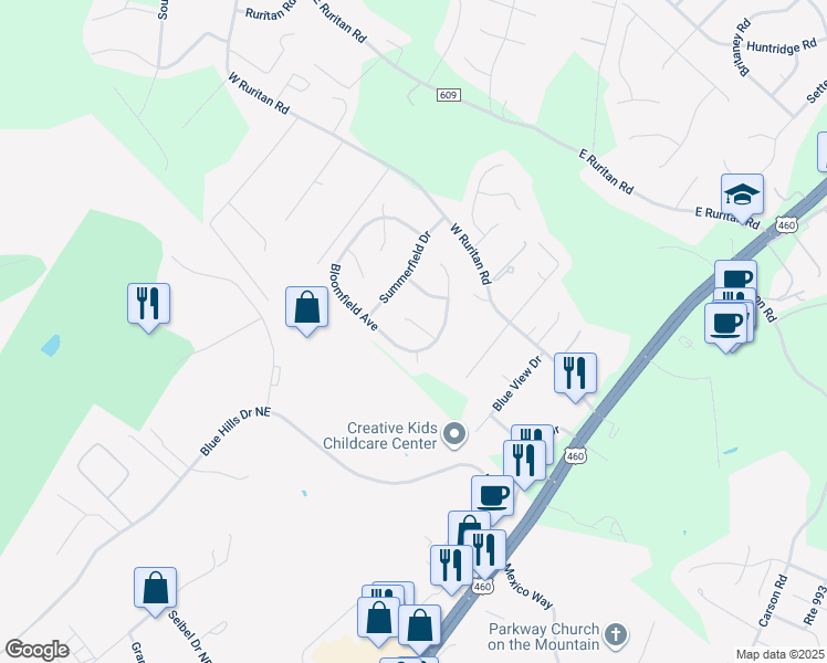 map of restaurants, bars, coffee shops, grocery stores, and more near 2414 Carlsbad Circle in Roanoke