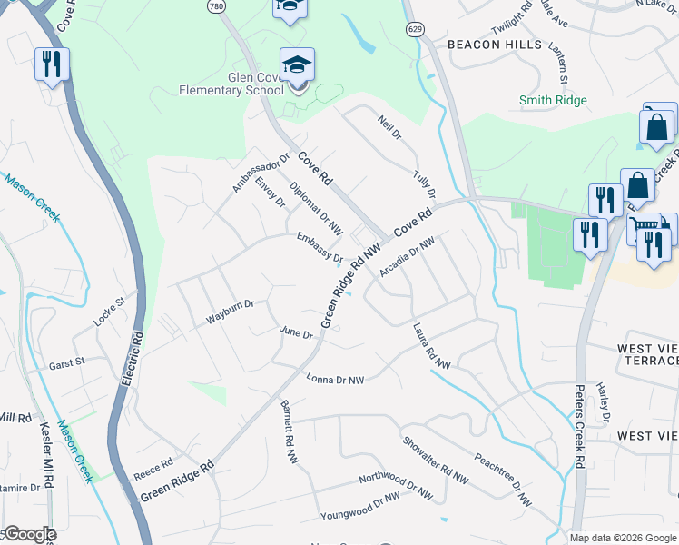 map of restaurants, bars, coffee shops, grocery stores, and more near 5604-5606 Green Ridge Road Northwest in Roanoke