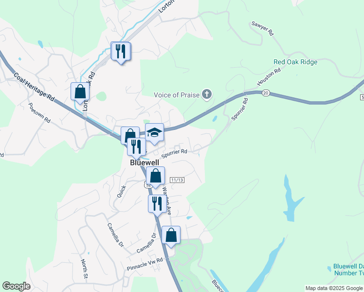 map of restaurants, bars, coffee shops, grocery stores, and more near 379 Spurrier Road in Bluefield