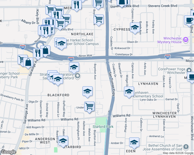 map of restaurants, bars, coffee shops, grocery stores, and more near 3667 Debra Way in San Jose