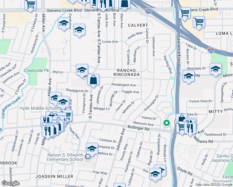 map of restaurants, bars, coffee shops, grocery stores, and more near 10610 Morengo Drive in Cupertino