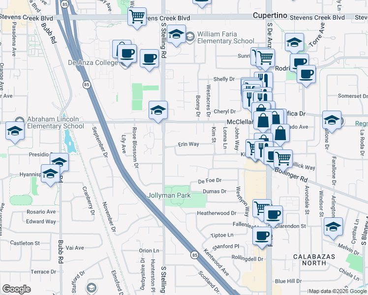 map of restaurants, bars, coffee shops, grocery stores, and more near 7624 Erin Way in Cupertino