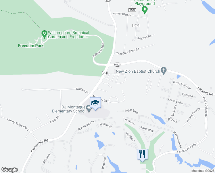 map of restaurants, bars, coffee shops, grocery stores, and more near 3828 War Hill Green in Williamsburg
