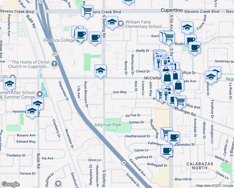 map of restaurants, bars, coffee shops, grocery stores, and more near 7624 Erin Way in Cupertino