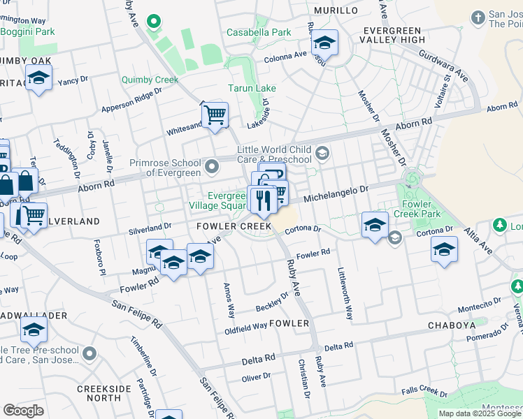 map of restaurants, bars, coffee shops, grocery stores, and more near Evergreen Village Square in San Jose