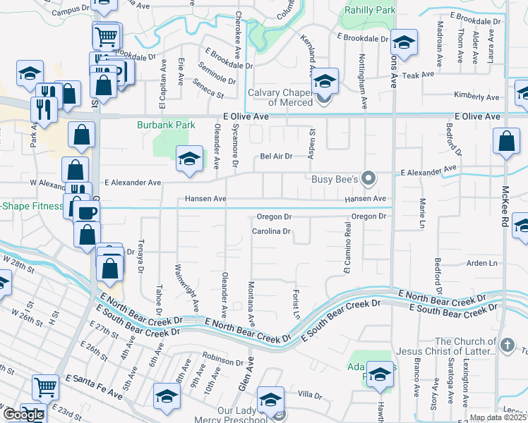 map of restaurants, bars, coffee shops, grocery stores, and more near 1011 Oregon Drive in Merced