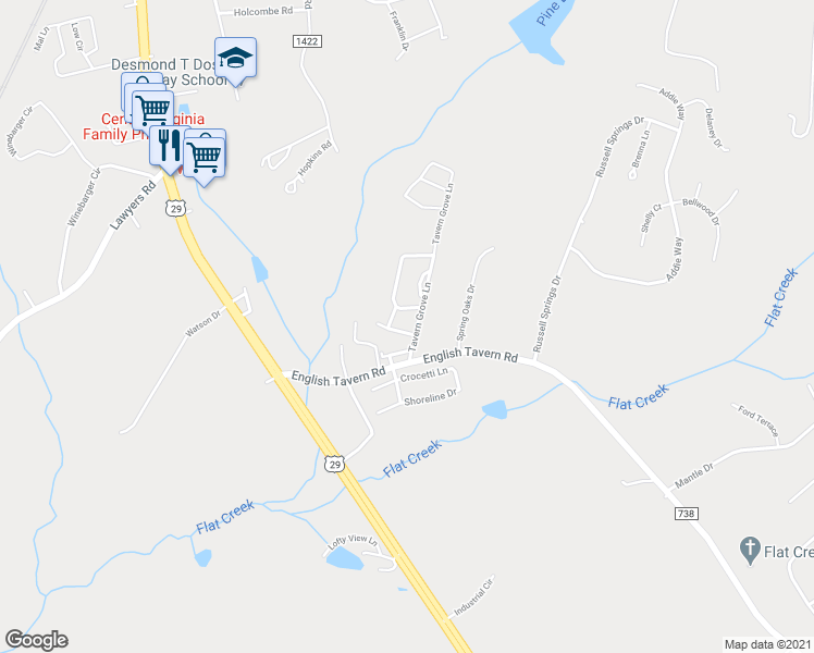 map of restaurants, bars, coffee shops, grocery stores, and more near 19 Catherine Court in Lynchburg