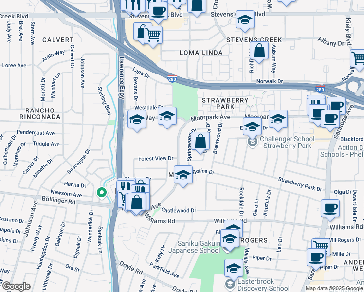 map of restaurants, bars, coffee shops, grocery stores, and more near 4926 Moorpark Avenue in San Jose