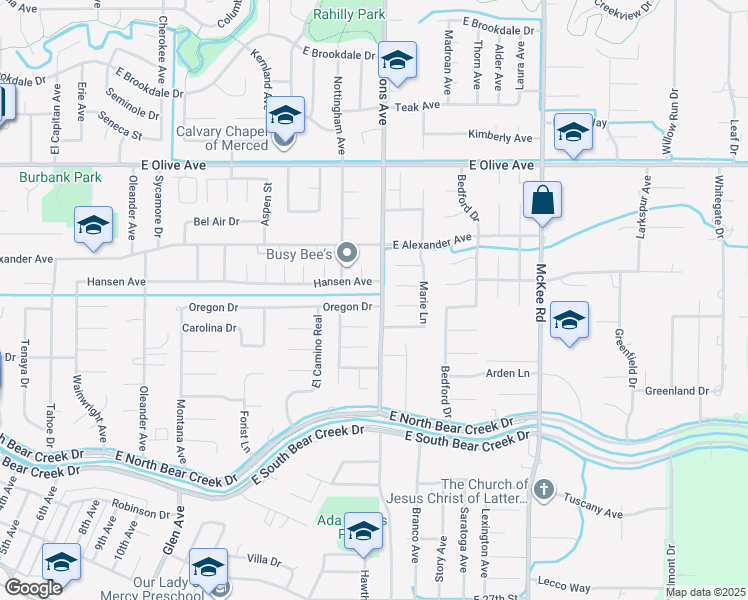 map of restaurants, bars, coffee shops, grocery stores, and more near 1669 Oregon Drive in Merced