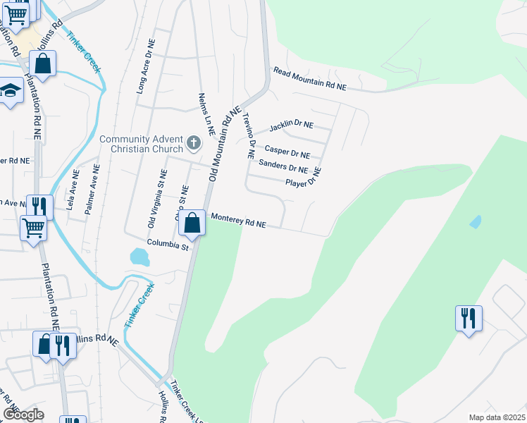 map of restaurants, bars, coffee shops, grocery stores, and more near 1302 Monterey Road Northeast in Roanoke