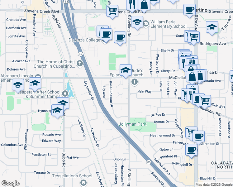 map of restaurants, bars, coffee shops, grocery stores, and more near 21103 White Fir Court in Cupertino