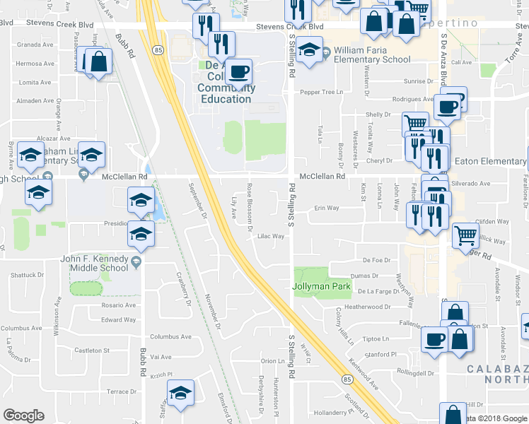 map of restaurants, bars, coffee shops, grocery stores, and more near 21105 White Fir Court in Cupertino