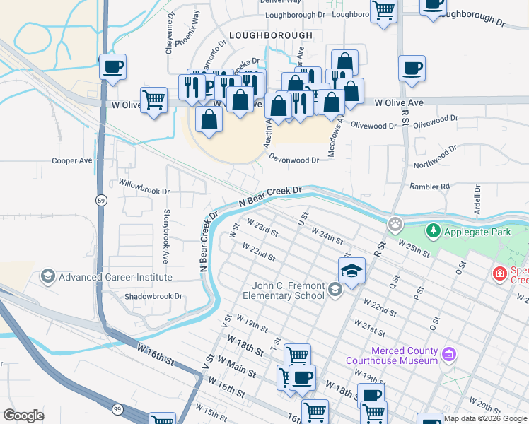 map of restaurants, bars, coffee shops, grocery stores, and more near 1520 West 24th Street in Merced