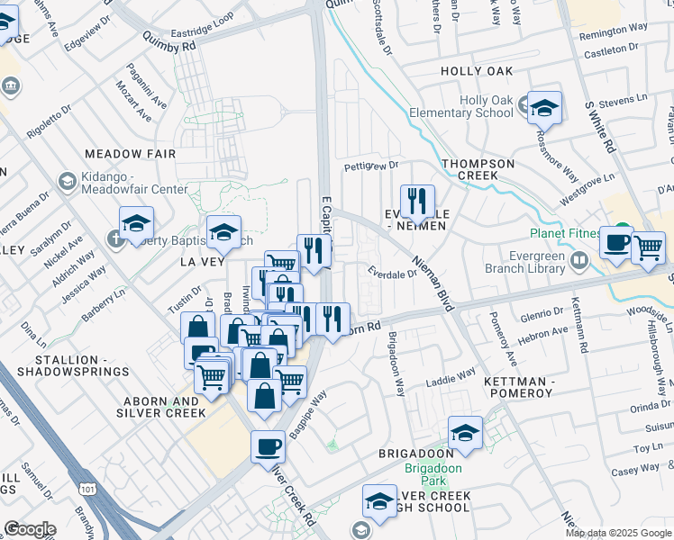 map of restaurants, bars, coffee shops, grocery stores, and more near 3219 Rocky Water Lane in San Jose