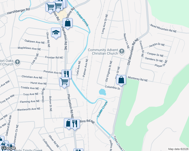 map of restaurants, bars, coffee shops, grocery stores, and more near 4328 Pennsylvania Avenue Northeast in Roanoke
