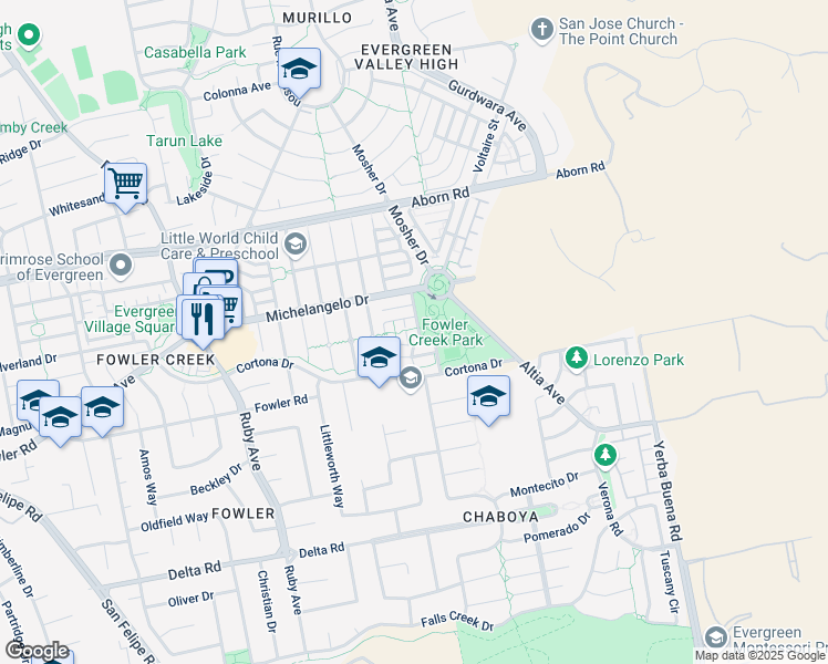 map of restaurants, bars, coffee shops, grocery stores, and more near 4317 Botticelli Drive in San Jose