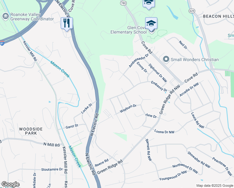 map of restaurants, bars, coffee shops, grocery stores, and more near 3023 Embassy Drive in Roanoke