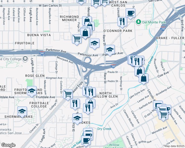 map of restaurants, bars, coffee shops, grocery stores, and more near 806 Meridian Way in San Jose