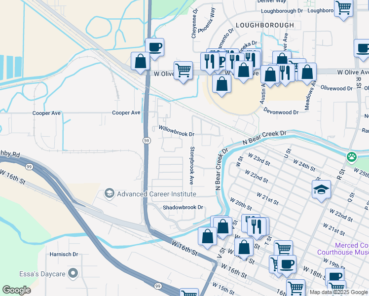 map of restaurants, bars, coffee shops, grocery stores, and more near 1754 Willowbrook Drive in Merced