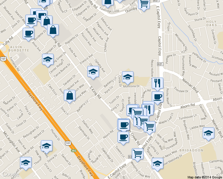 map of restaurants, bars, coffee shops, grocery stores, and more near 1786 Kyra Circle in San Jose