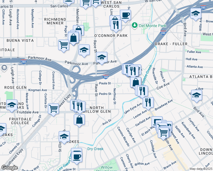 map of restaurants, bars, coffee shops, grocery stores, and more near 956 Paula Street in San Jose