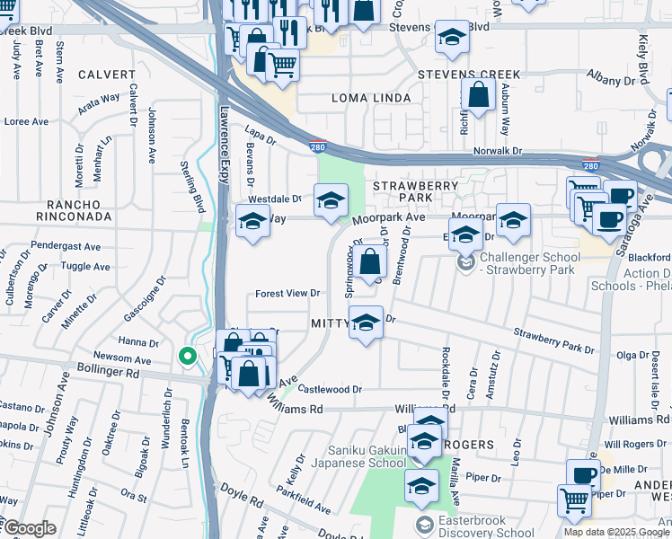 map of restaurants, bars, coffee shops, grocery stores, and more near 4926 Moorpark Avenue in San Jose