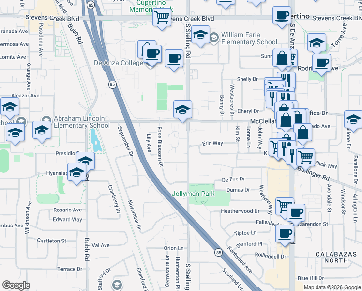 map of restaurants, bars, coffee shops, grocery stores, and more near 10574 White Fir Court in Cupertino