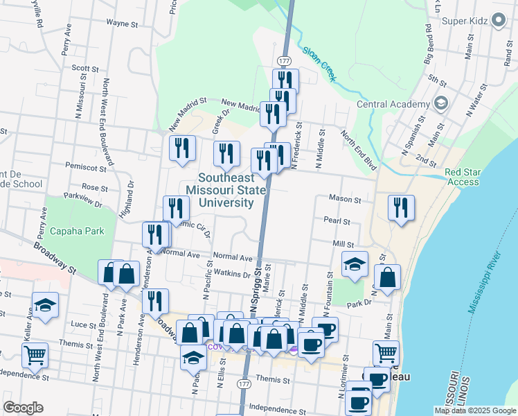 map of restaurants, bars, coffee shops, grocery stores, and more near 717 North Sprigg Street in Cape Girardeau
