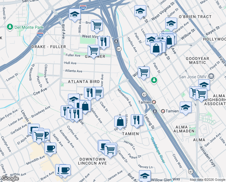 map of restaurants, bars, coffee shops, grocery stores, and more near 1008 Villa Maria Court in San Jose