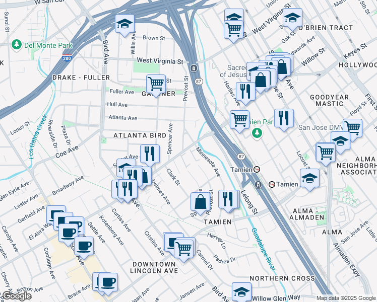 map of restaurants, bars, coffee shops, grocery stores, and more near 1008 Villa Maria Court in San Jose