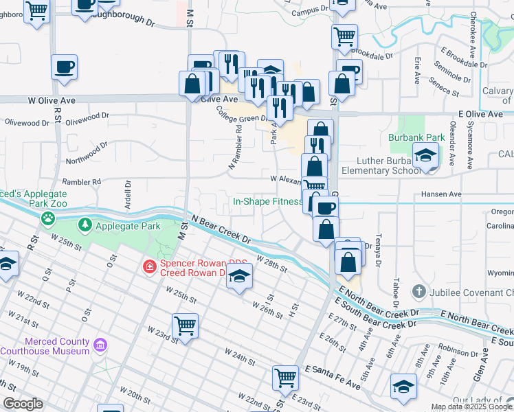 map of restaurants, bars, coffee shops, grocery stores, and more near 2864 Saint Phillip Drive in Merced