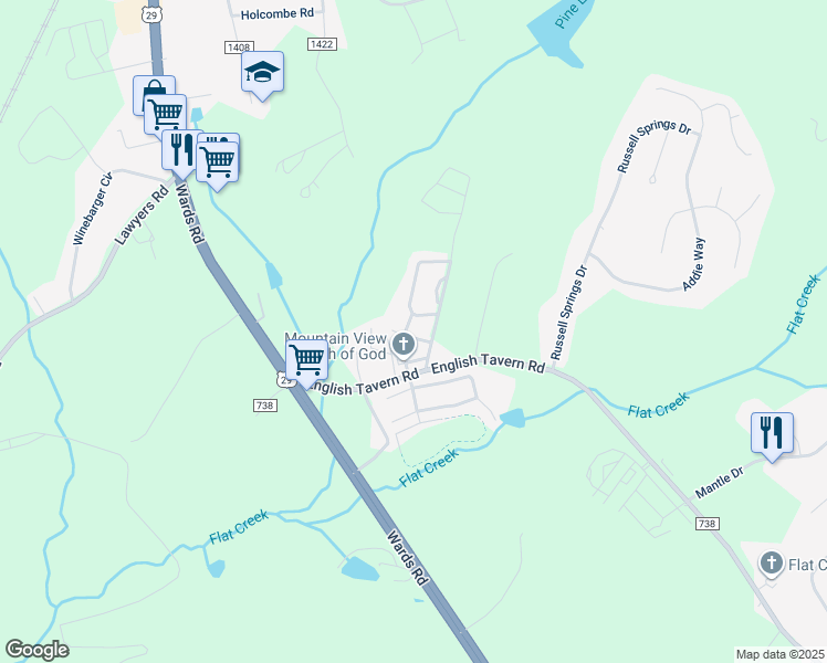 map of restaurants, bars, coffee shops, grocery stores, and more near 41 Catherine Court in Lynchburg