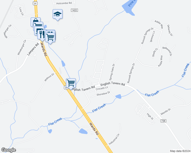 map of restaurants, bars, coffee shops, grocery stores, and more near 41 Catherine Court in Lynchburg