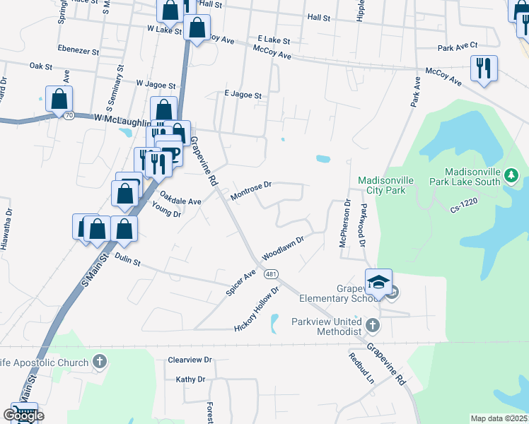 map of restaurants, bars, coffee shops, grocery stores, and more near 100 South Hillcrest Drive in Madisonville