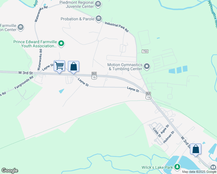 map of restaurants, bars, coffee shops, grocery stores, and more near 2509 Layne Street in Farmville