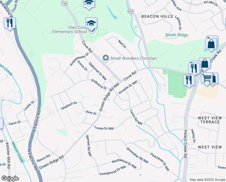 map of restaurants, bars, coffee shops, grocery stores, and more near 5602 Green Ridge Road Northwest in Roanoke
