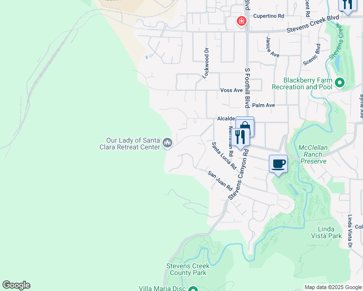 map of restaurants, bars, coffee shops, grocery stores, and more near 22790 Mercedes Road in Cupertino