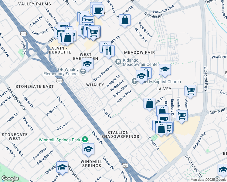 map of restaurants, bars, coffee shops, grocery stores, and more near 1630 Nickel Avenue in San Jose