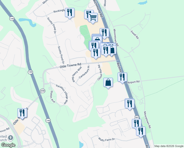 map of restaurants, bars, coffee shops, grocery stores, and more near 148 King Henry Way in Williamsburg