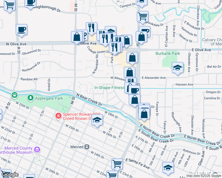 map of restaurants, bars, coffee shops, grocery stores, and more near 2874 Saint Phillip Drive in Merced